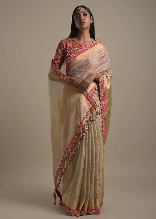 Gold Beige Saree With Red Blouse