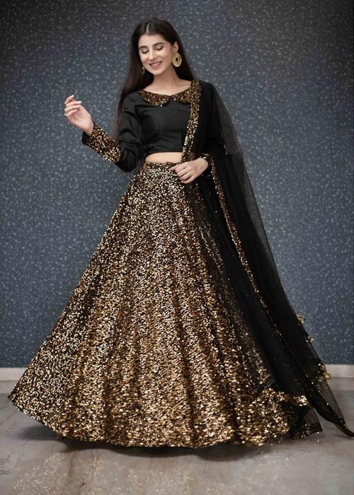 Gold Sequin Work Lehenga And Designer Black Blouse