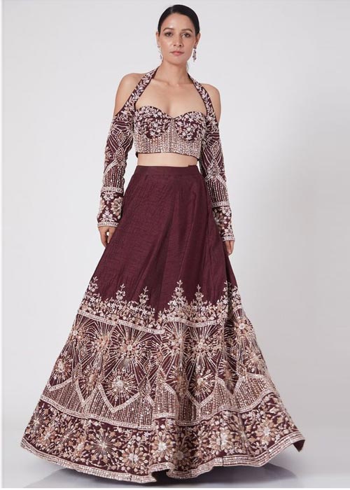Halter Neck Blouse With Wine Lehenga