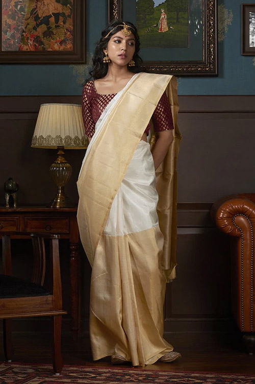 Korvai Weave Silver And Gold Kanjeevaram Saree