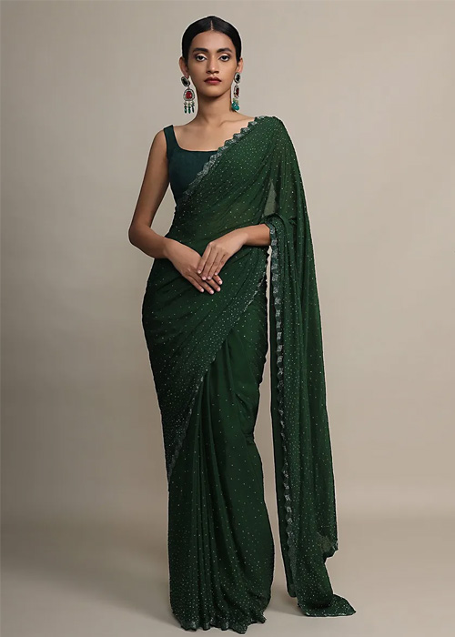 Kundan Work Dark Green Chiffon Saree