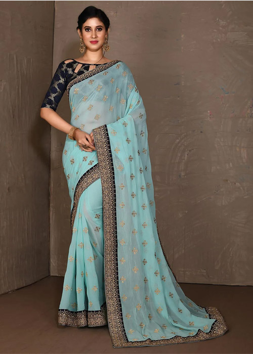 Light Blue Chiffon Saree With Dark Blue Border