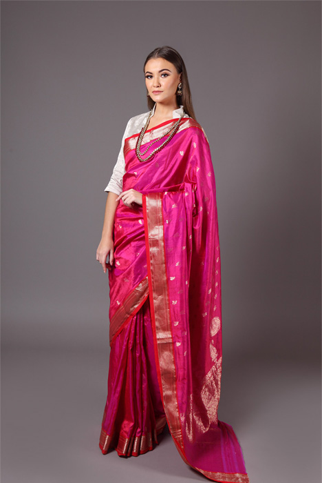 Magenta Chanderi Silk Saree With Box Pallu Work