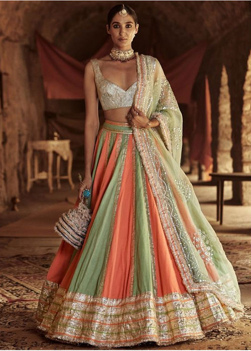 Mint And Peach Color Sequin Work Lehenga
