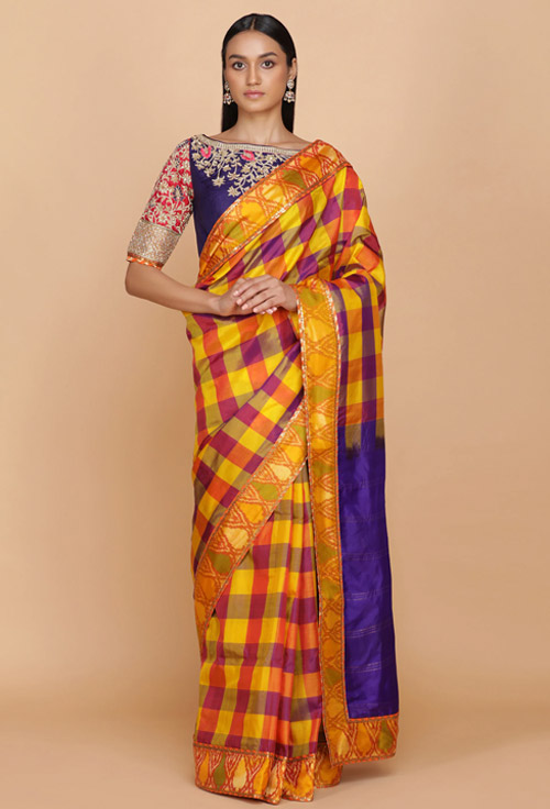 Multicolor Kanchipuram Saree With Dual Tone Blouse