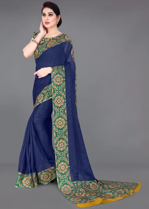 Navy Blue Border Printed Saree