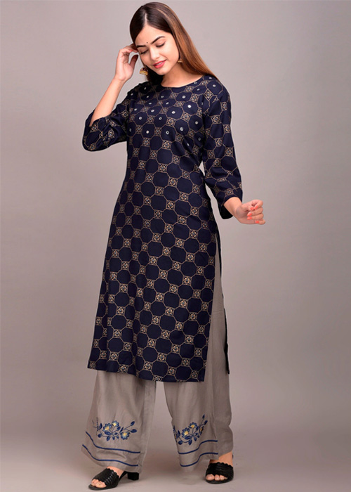 Navy Blue Kurti with Grey Floral Palazzos