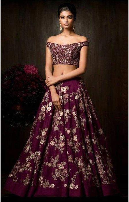 Off Shoulder Wine Lehenga
