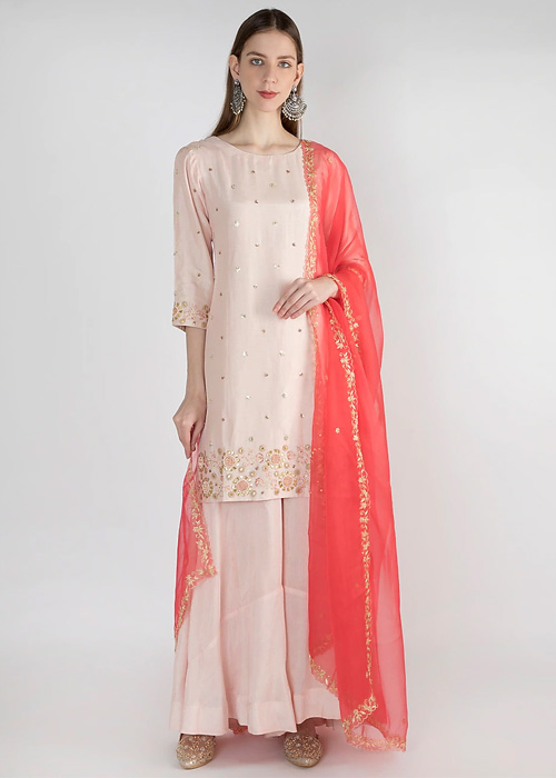 Pastel Pink Kurta & Palazzo with Gold & Pink Embroidery