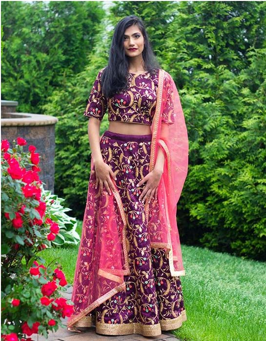  Pink And Wine Color Embroidered Lehegna
