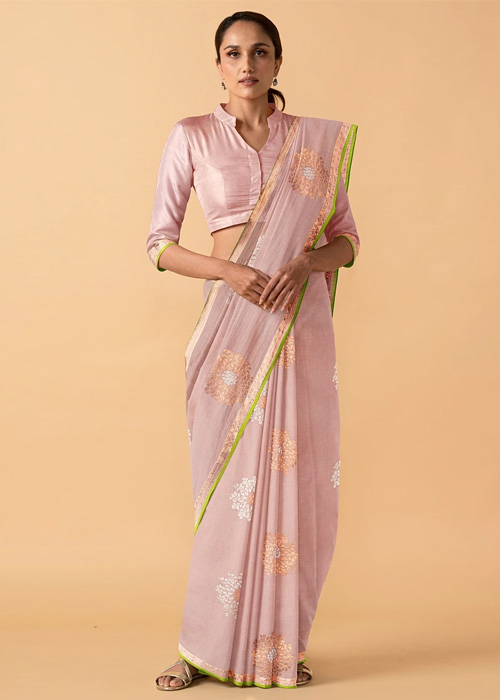 Pink Kota Saree With High Neck Blouse