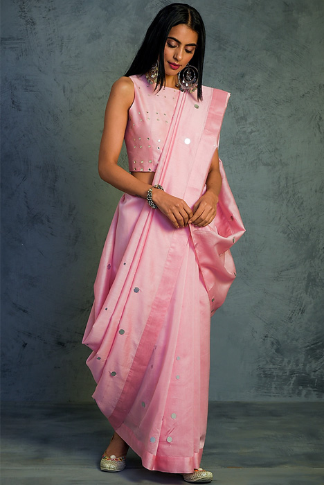 Pink Mirror Work Chanderi Saree