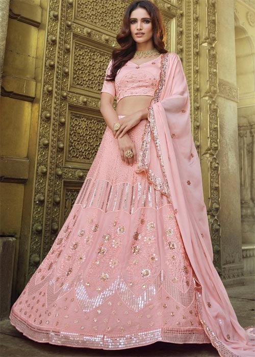 Pink Sequin Work Lehenga In Georgette Fabric