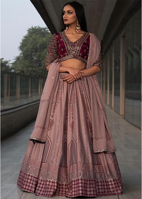 Pink & Wine Embroidered Lehenga Set