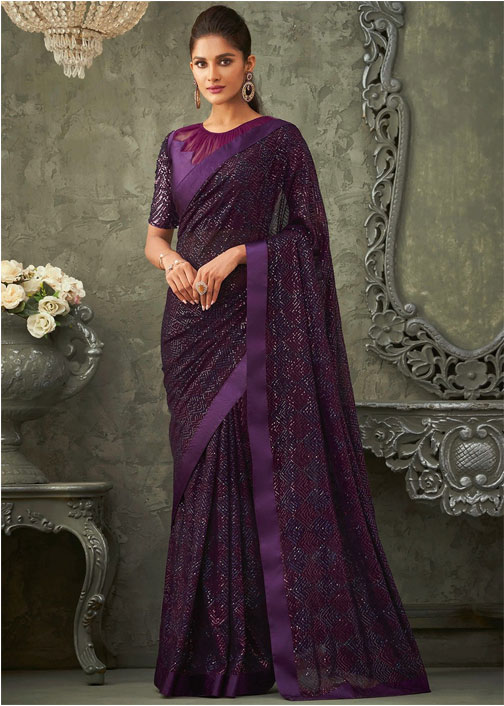 Purple Sequins Embroidered Saree