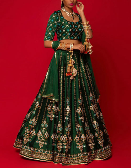 Raw Silk Green Sequin Work Lehenga