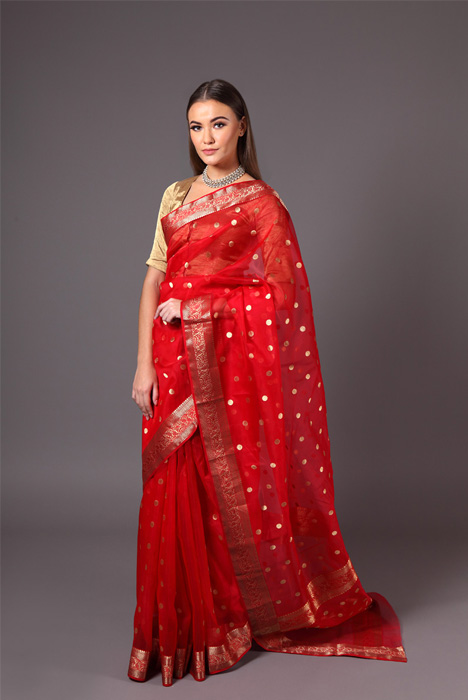 Red Chanderi Saree With Golden Zari Border Work