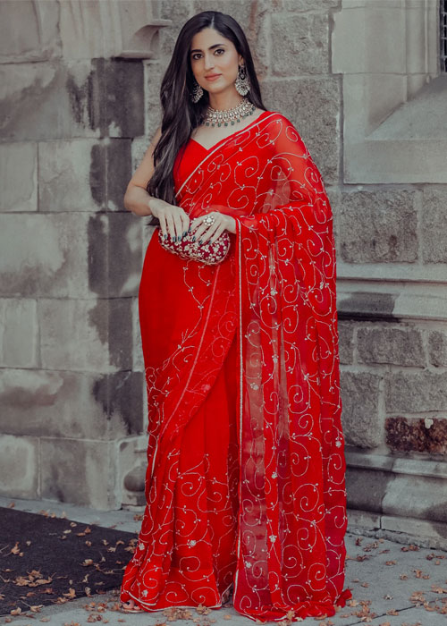 Red Chiffon Saree With Silver Work