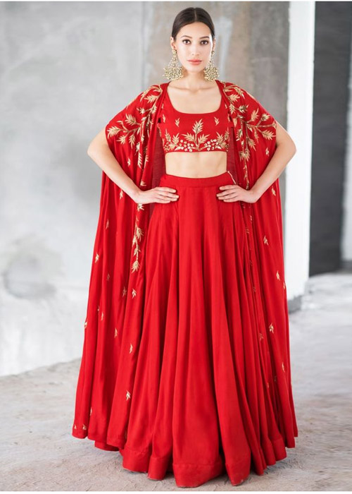 Red Sequin Work Lehenga With Cape