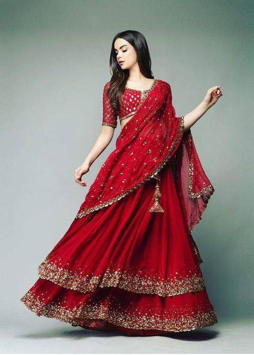 Red Two Layer Sequin Work Lehenga