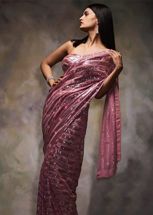 Rose Pink Stripes Georgette Sequins Work Saree