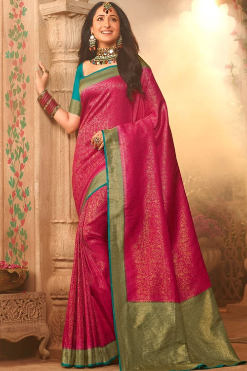 Ruby Pink Kanjeevaram Saree With Green Box Pallu