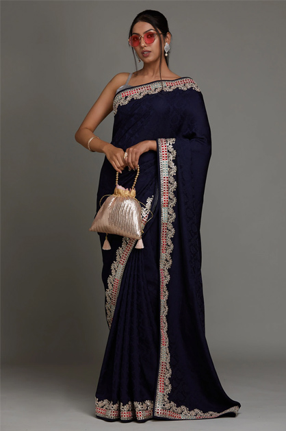 Semi Crepe Navy Blue Saree