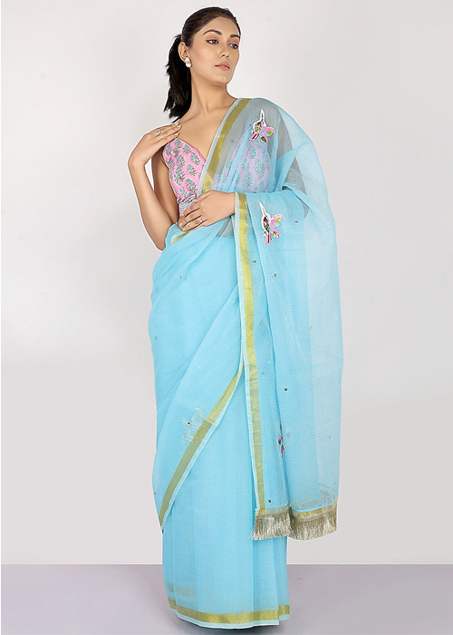 Sky Blue Kota Doria Saree With Sequin Work