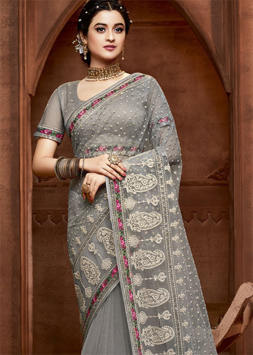 Steel Grey Designer Embroidered Net Saree