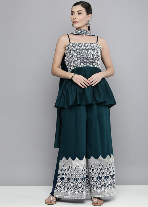  Teal Green Spaghetti Style Kurti with Palazzos