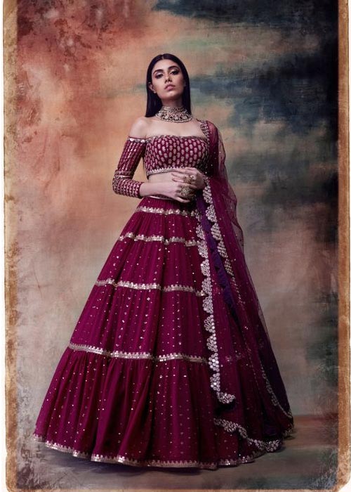 Tiered Wine Lehenga Set