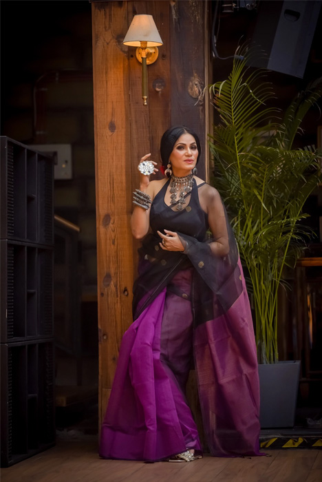 Wine And Black Half Saree