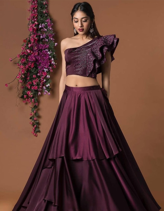 Wine Colour Satin Tafette Embroidered Work Lehenga Choli