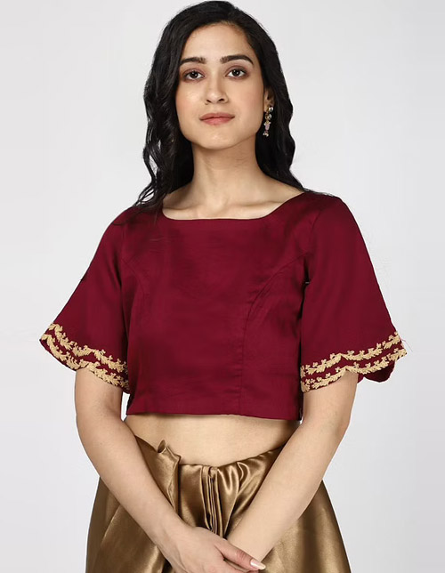 Wine Embroidered Bell Sleeves Blouse Design