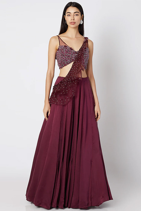 Wine Embroidered Lehenga Saree Set