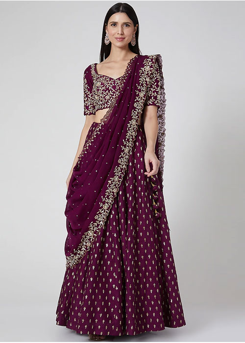 Wine Embroidered Lehenga Set