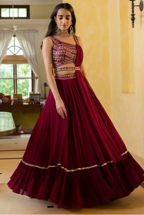 Wine Purple Georgette Pleated Lehenga
