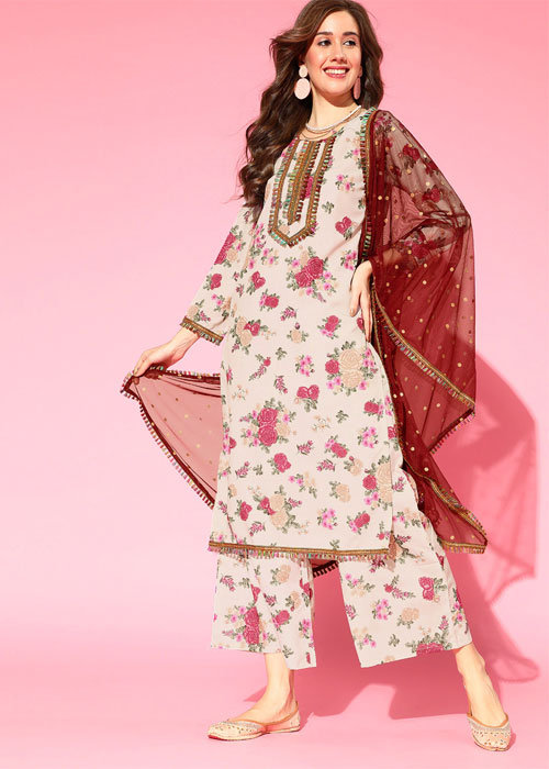 Women Beige Floral Printed Regular Gotta Patti Kurta with Palazzos & With Dupatta