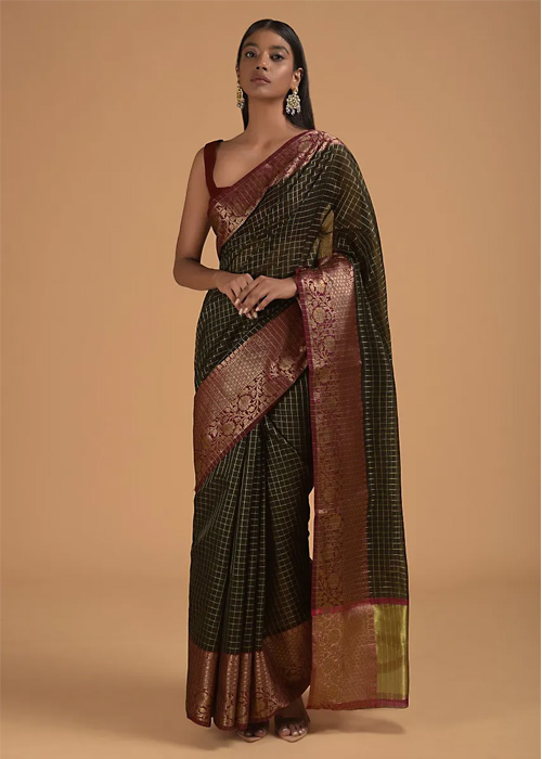 Woven Checks Border Work Kota Silk Black Saree