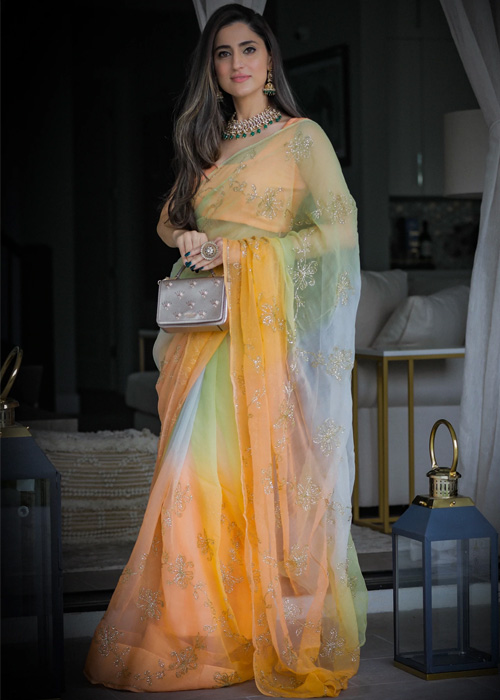 Yellow And Green Chiffon Saree