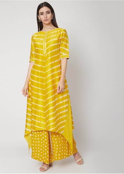 Yellow Long Hi-Lo Kurta With Palazzo