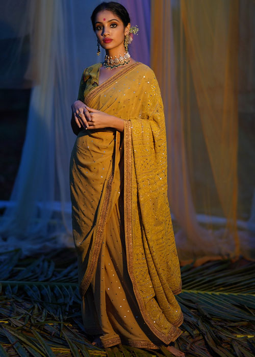 Yellow Mustard Embroidered Saree