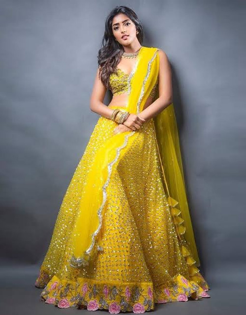 Yellow Sequin Work Lehenga With Floral Border