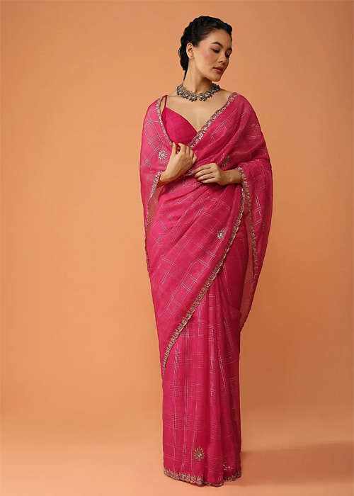 Zari Work Hot Pink Kota Silk Saree