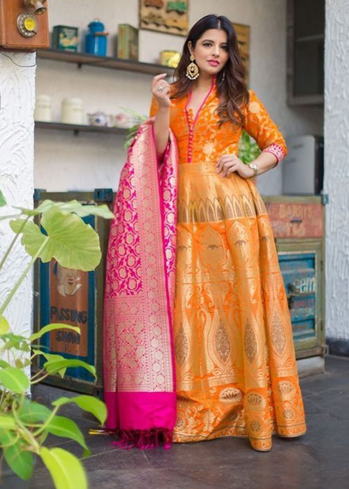 banarasi silk floor-length anarkali gown