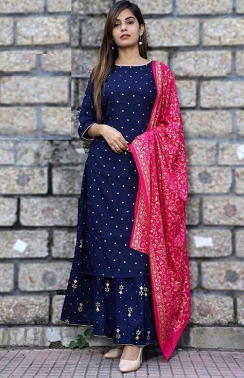 Blue Palazzo Suit And Pink Dupatta