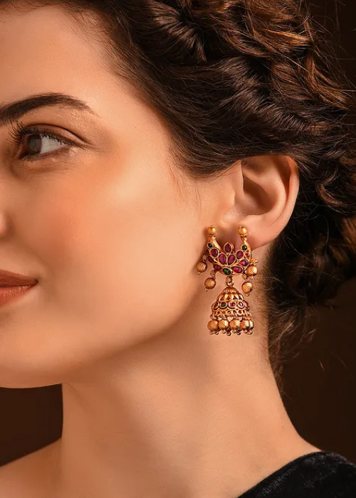 Crescent Shape Gold Tone Jhumka Earrings