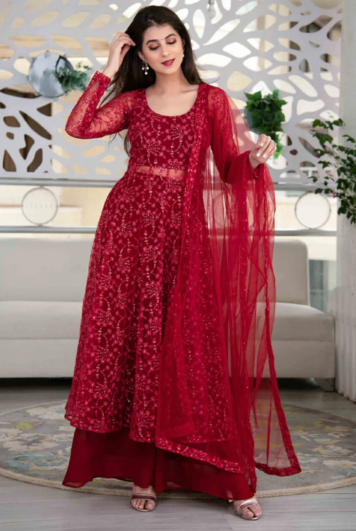 Designer Net Anarkali In Red Color