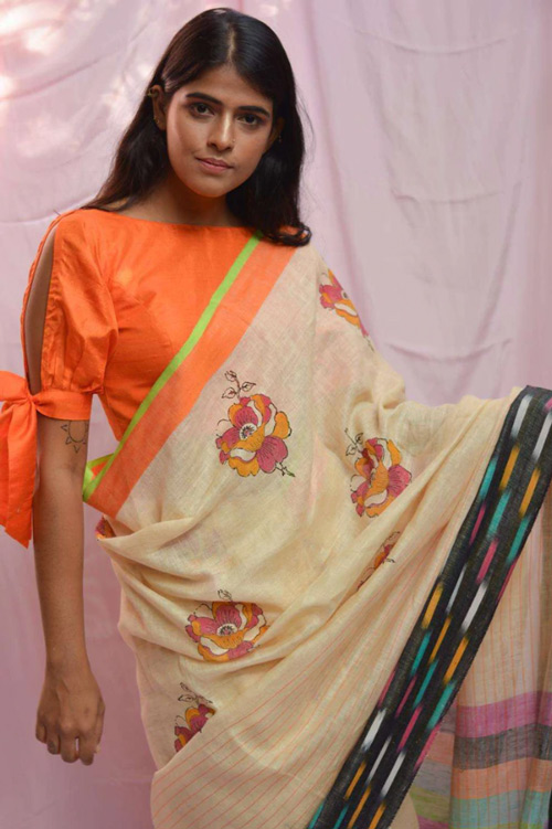 Block Print Cream Saree