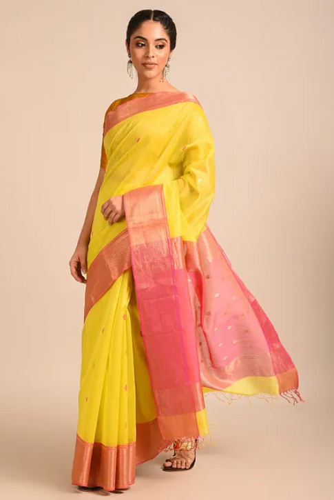 Handwoven Maheshwari Saree In Yellow Color